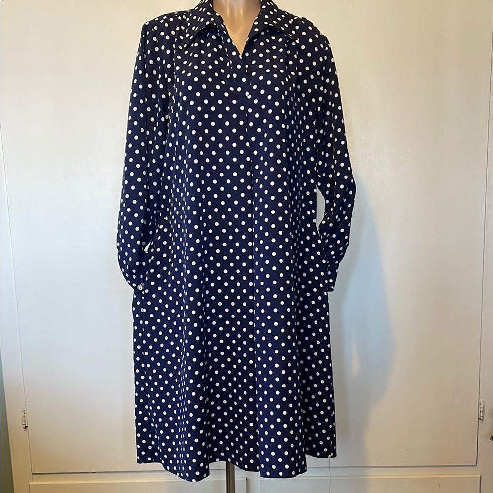 DRAPERS & DAMONS V-NECK Navy Polka Dot w Pockets, Long Sleeve Women DRESS sz 16”